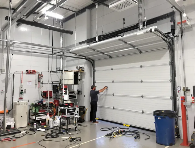 Medway Garage Door Repair certified technician performing commercial door repair at a Medway business facility