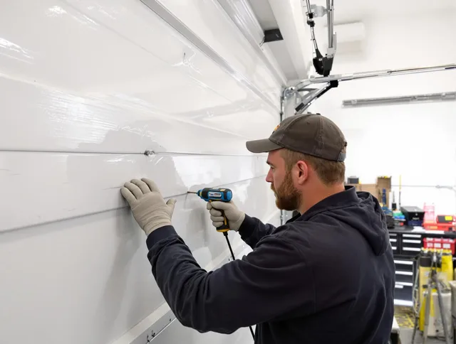 Medway Garage Door Repair technician demonstrating precision dent removal techniques on a Medway garage door